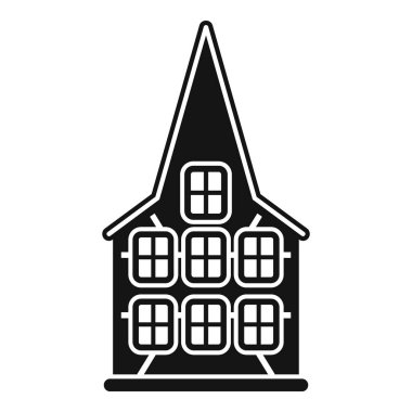 Basit bir siyah-beyaz vektör ikonu, sarp bir çatı çizgisi ve birden fazla pencereye sahip geleneksel bir Hollanda kanal evinin cephesini tasvir ediyor.