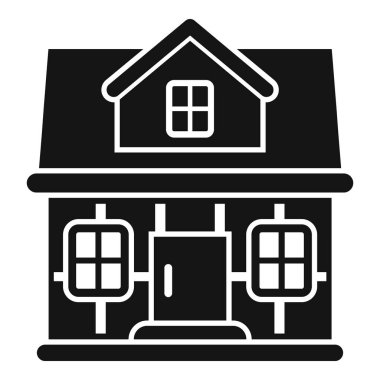 Çatı katı ve garajı olan iki katlı bir evin basit vektör simgesi. Emlak veya mimariyi temsil etmek için mükemmel.