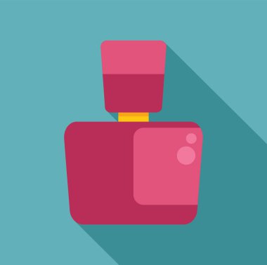 Pembe parfüm şişesinin minimalist vektör çizimi turkuaz arka planda uzun bir gölge bırakıyor.