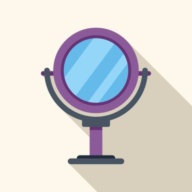 Ayarlanabilir duruşu olan yuvarlak masaüstü makyaj aynası, ışığı yansıtıyor, düz bir arkaplanda, düz bir şekilde izole edilmiş.