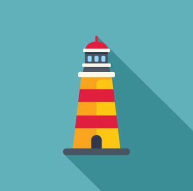 Kırmızı ve sarı çizgili deniz feneri turkuaz arka planda uzun bir gölge bırakıyor.