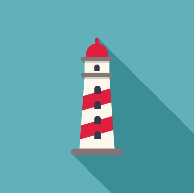 Mavi arka planda uzun bir gölgesi olan bir deniz fenerinin minimalist vektör çizimi