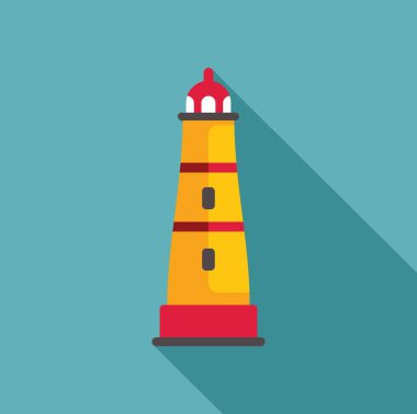 Güneşli bir günde uzun bir gölge bırakan uzun bir deniz fenerinin basit renkli çizimi