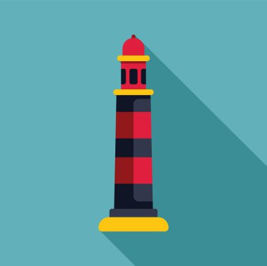 Çizgili bir deniz fenerinin minimalist vektör çizimi uzun bir gölge bırakarak denizciler için güvenlik ve rehberliği çağrıştırıyor.
