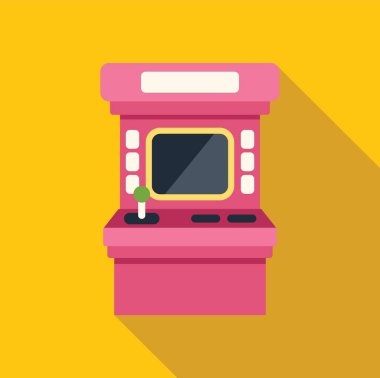 Pembe oyun makinesi sarı arka planda uzun bir gölge bırakıyor, klasik oyun ve eğlence çağrıştırıyor