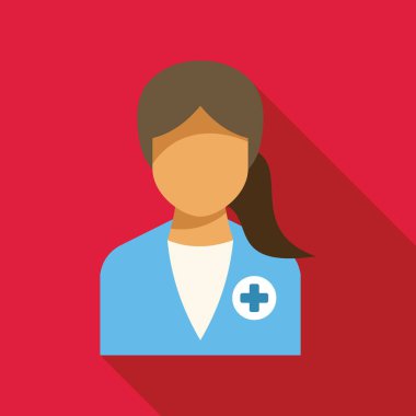 Kırmızı arka planda çapraz sembollü mavi üniforma giyen bir kadın doktorun düz çizimi.