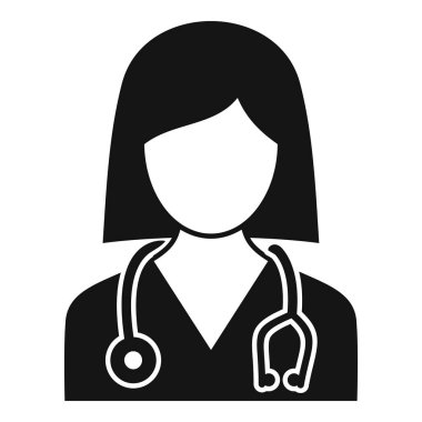 Boynuna steteskop takmış bir kadın doktorun siyah beyaz simgesi.