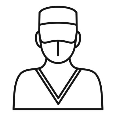 Tıbbi maske takan ve şapka takan bir doktorun basit çizgi simgesi.