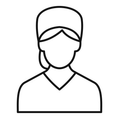 Ameliyat önlüğü ve ameliyat şapkası takan bir kadın doktorun basit bir çizgisi simgesi.