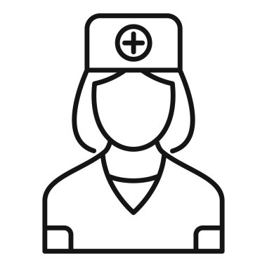 Basit bir çizgi ikonu çizimi. Kadın sağlık hizmetleri uzmanı önlük giyiyor ve üzerinde sağlık haçı olan bir hemşire şapkası var.