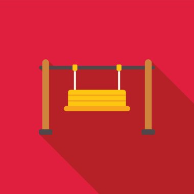 Boş ahşap salıncak uzun gölgeli kırmızı arka planda asılı.