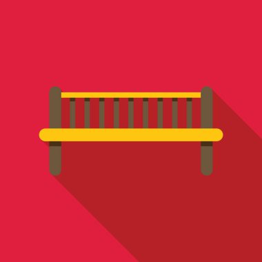 Ahşap sırtı olan sarı bank, düz dizayn tarzında, kırmızı arkaplanda uzun gölgeler bırakıyor.