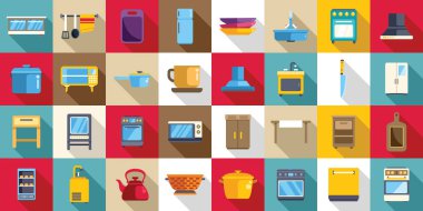 Restoran mutfağının iç dekorasyonu ayarlandı. Mutfak ekipmanları, aletler ve iç tasarım elementlerini resmeden renkli simgelerin toplanması