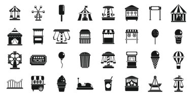 Eğlence fuarı simgeleri hazır. Lunapark eğlencesi beyaz arka planda basit bir şekilde ayarlanmış gezintileri ve yiyecek ambarlarını gösteriyor