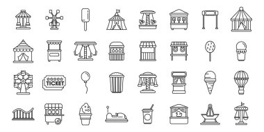 Eğlence fuarı simgeleri hazır. Bu ikonlar, eğlence ve eğlenceyi temsil etmek için mükemmel olan lunaparklarda bulunan çeşitli eğlence ve yiyecek standlarına ev sahipliği yapıyor.