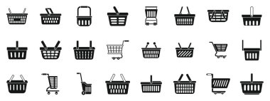 Tüketici arabası market ikonları ayarlandı. Bu alışveriş sepeti ikonları müşterilerin alışveriş yaparken farklı şekilde alışveriş yapabileceklerini gösteriyor.