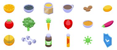 Bağışıklık simgeleri ayarlandı. Spor, sağlıklı gıda ve vitamin izometrik simgeleriyle sağlıklı kalan kişi