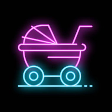 Neon işareti, yeni doğan bebek arabası için koyu renkli bir duvarda parlayan bebek arabasını temsil ediyor.