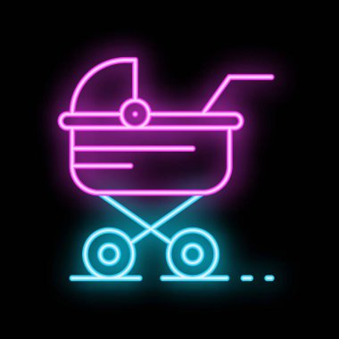 Koyu arka planda parlayan bebek arabasının neon ikonu, çocuk bakımını, ebeveynliği ve aile hayatını temsil ediyor