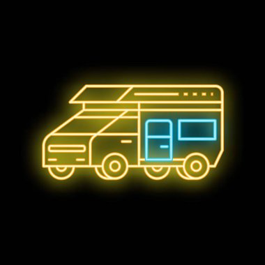 Parlayan neon çizgisi karavan simgesi siyah arkaplan vektör resimlemesinde izole edildi