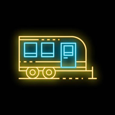 Parlayan neon çizgisi seyahat karavanı simgesi siyah arkaplan vektör resimlemesi üzerinde izole