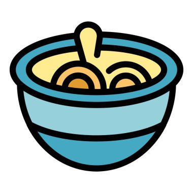 Akşam yemeği için hazırlanan ramen eriştesiyle dolu mavi bir kasenin basit vektör çizimi.