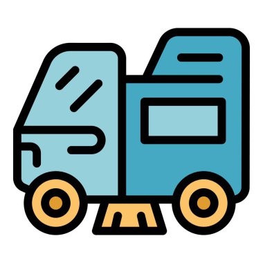 Yol kenarını fırçalarla temizleyen bir sokak süpürücü kamyonunun çizgi film simgesi