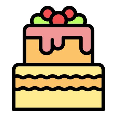 Üst kattan damlayan pembe kremalı, üzerinde kırmızı kiraz ve yeşil krema olan iki katlı bir pastanın basit vektör çizimi