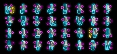 Koyu arkaplanda parlayan neon saç şekillendirme simgeleri seti, parlak işaretler koleksiyonu