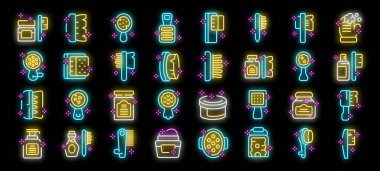 Çeşitli banyo aksesuarlarını tasvir eden renkli neon ikonların toplanması, kişisel hijyen ve kişisel bakım alışkanlıkları kavramının aydınlatılması