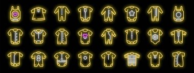 Değişik bebek kıyafetleri, farklı bağlayıcılar, kollar ve parmak izleri olan parlak neon ikonlar koleksiyonu