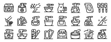 Balmumu tüy ayıklama simgeleri ayarlandı. Farklı türde balmumu ve saç temizleme araçlarını temsil eden doğrusal simgeler kümesi, tüy ayıklama tedavisi için hastaya sıcak balmumu uygulayan bir güzellik uzmanı