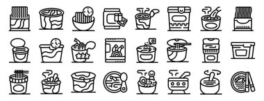 Anında çorba ikonları ayarlandı. Hazır erişteleri temsil eden çeşitli çizgi ikonlarının toplanması popüler bir fast food seçeneği. Bardaklara, kaselere ve çantalara doldurulmuş ve hazırlanmaya hazır.