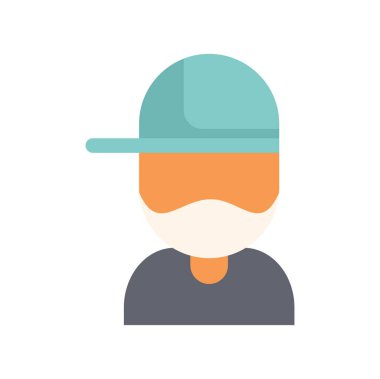 Sakallı, beysbol şapkalı ve ileriye bakan genç bir adamın düz ikon tasarımı.