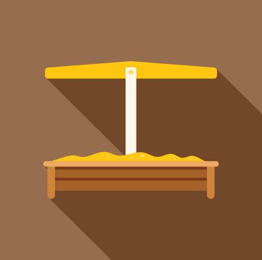 Kumlu ahşap kum havuzu ve sarı tente. Yerde uzun bir gölge bırakıyor.