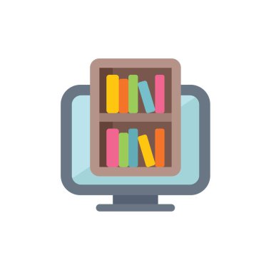 Renkli kitaplarla dolu kitaplık bilgisayar monitöründe, çevrimiçi kütüphane konseptinde, e öğrenme, çevrimiçi eğitim alanında sergilenmektedir.