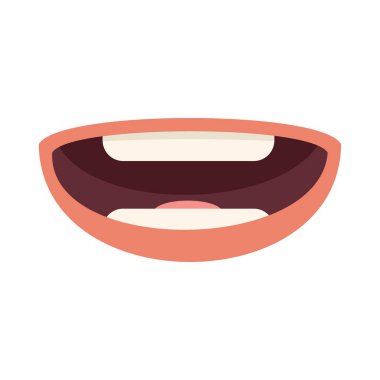 Dişleri gösteren çizgi film ağzı beyaz arkaplanda geniş, basit renkli ifadeler sergiliyor.