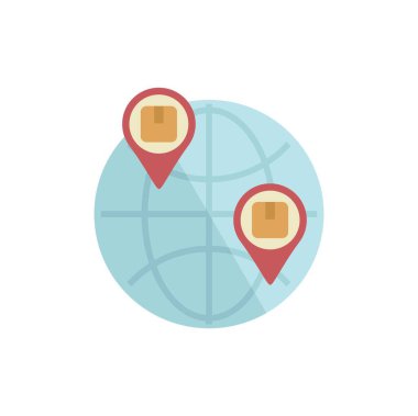 Bu vektör çizimi bir dünya haritasında paket izleme ile küresel taşımacılığı ve lojistiği betimler