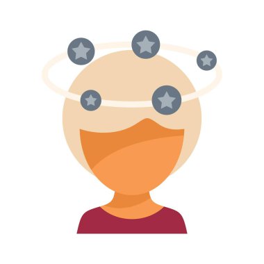 Başının etrafında dönen yıldızlarla başı dönen bir kadın, baş dönmesi hakkında düz bir ikon tasarımı.