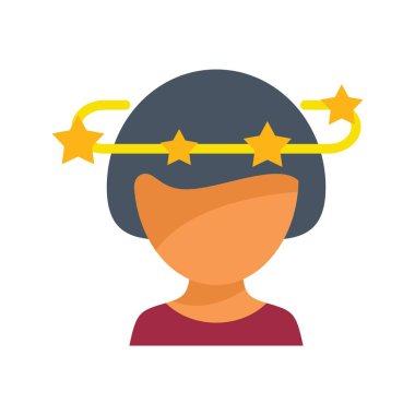 Başının etrafında dönen yıldızlar, baş dönmesi, baş dönmesi, şok, kafa karışıklığı gibi konular yüzünden başı dönen genç bir kadının tasviri