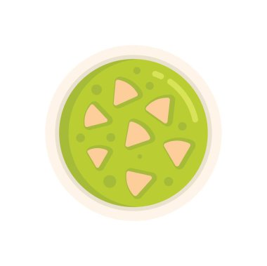 Kavanozlu yeşil çorba, üst manzara, minimalist illüstrasyon, beyaz arka planda izole edilmiş.