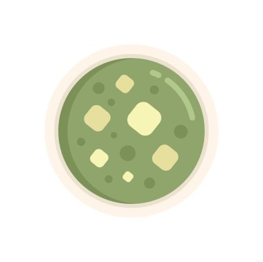 Ekmek arası yeşil kremalı çorba sunan vektör illüstrasyonu, yukarıdan bakıldığında, bir kasede servis ediliyor.