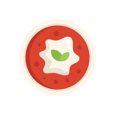 Bu vektör illüstrasyonunda krema ve fesleğenle süslenmiş lezzetli bir kase domates çorbası, yemek blogları, menüler ve daha fazlası için mükemmel.