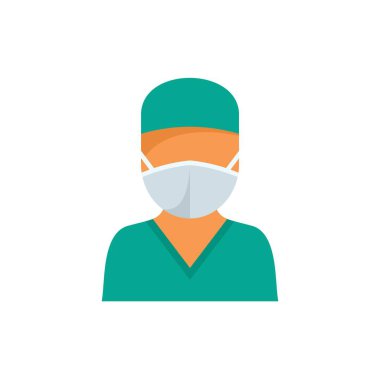 Cerrahi maske takan ve önlük giyen bir doktorun basit düz vektör çizimi.