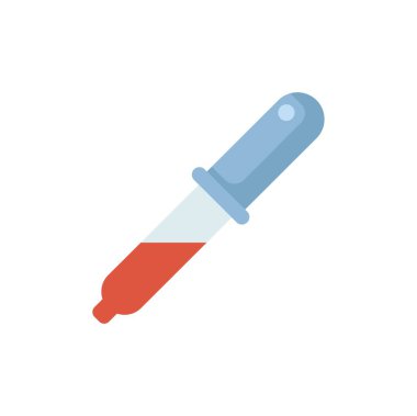 Bu düz tasarım ikonu, kimyasal deneyleri veya tıbbi testleri temsil eden kırmızı bir sıvı tutan kimyasal bir pipet damlatıcısını içerir.