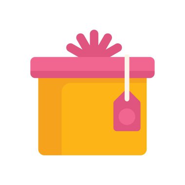 Üzerinde pembe kurdele olan sarı hediye kutusu ve ipten sarkan pembe bir etiket. Tatilleri ve özel günleri temsil etmek için mükemmel.