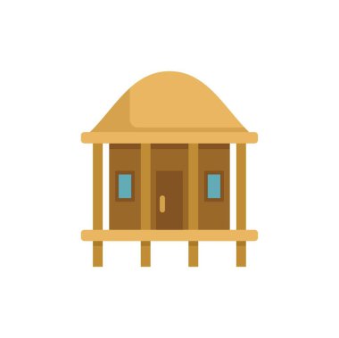 Beyaz arkaplanda izole edilmiş saman çatısı olan bungalov simge düz stili