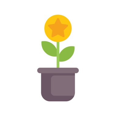 Gri bir saksıda yeşil bir bitki altın para yetiştiriyor ortasında bir yıldız var.