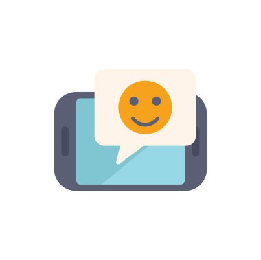Akıllı telefon mutlu bir emoji içeren bir konuşma balonu sergiliyor, olumlu geri bildirim ya da memnuniyeti gösteriyor