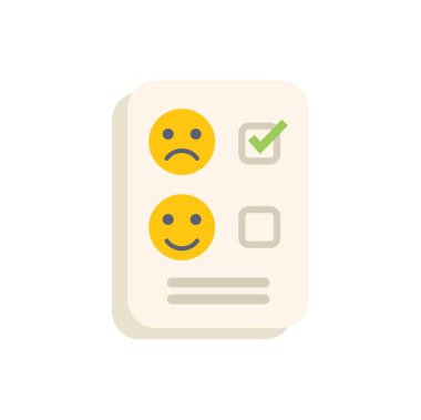 Bu vektör çizimi, gülen yüz emojisinin yanında işaretli bir müşteri memnuniyet anketini gösterir